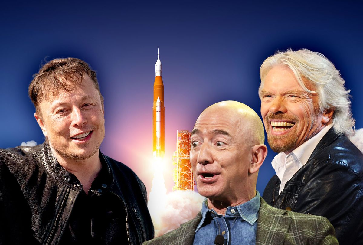 Elon Musk, Richard Benson, Jeff Bezos, and a rocket launch (Photo illustration by Salon/Getty Images)