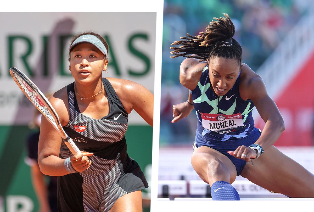 Naomi Osaka at the 2021 French Open Tennis Tournament and Brianna McNeal in the Women 100 Meter Hurdles at the 2020 U.S. Olympic Track & Field Team Trials (Photo illustration by Salon/Tim Clayton/Corbis/Andy Lyons/Getty Images)