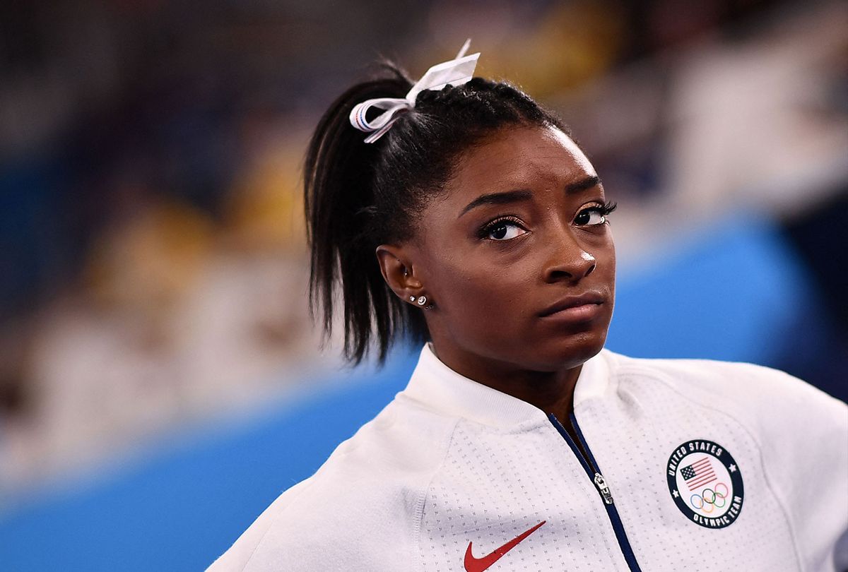 USA's Simone Biles at the Tokyo 2020 Olympic Games at the Ariake Gymnastics Centre in Tokyo on July 27, 2021. (LOIC VENANCE/AFP via Getty Images)