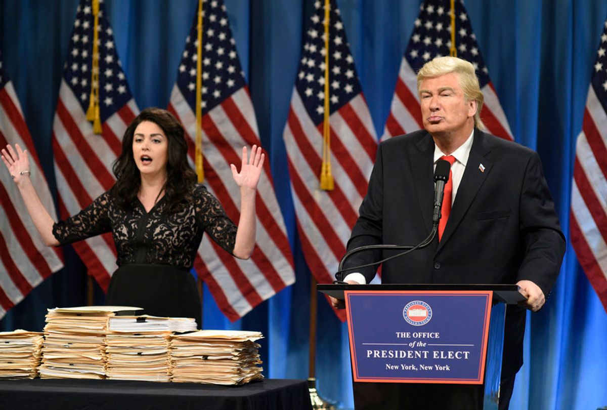 Cecily Strong as a lawyer and Alec Baldwin as President Elect Donald J. Trump during the Trump Press Conference Cold Open on January 14th, 2017. (Will Heath/NBC)