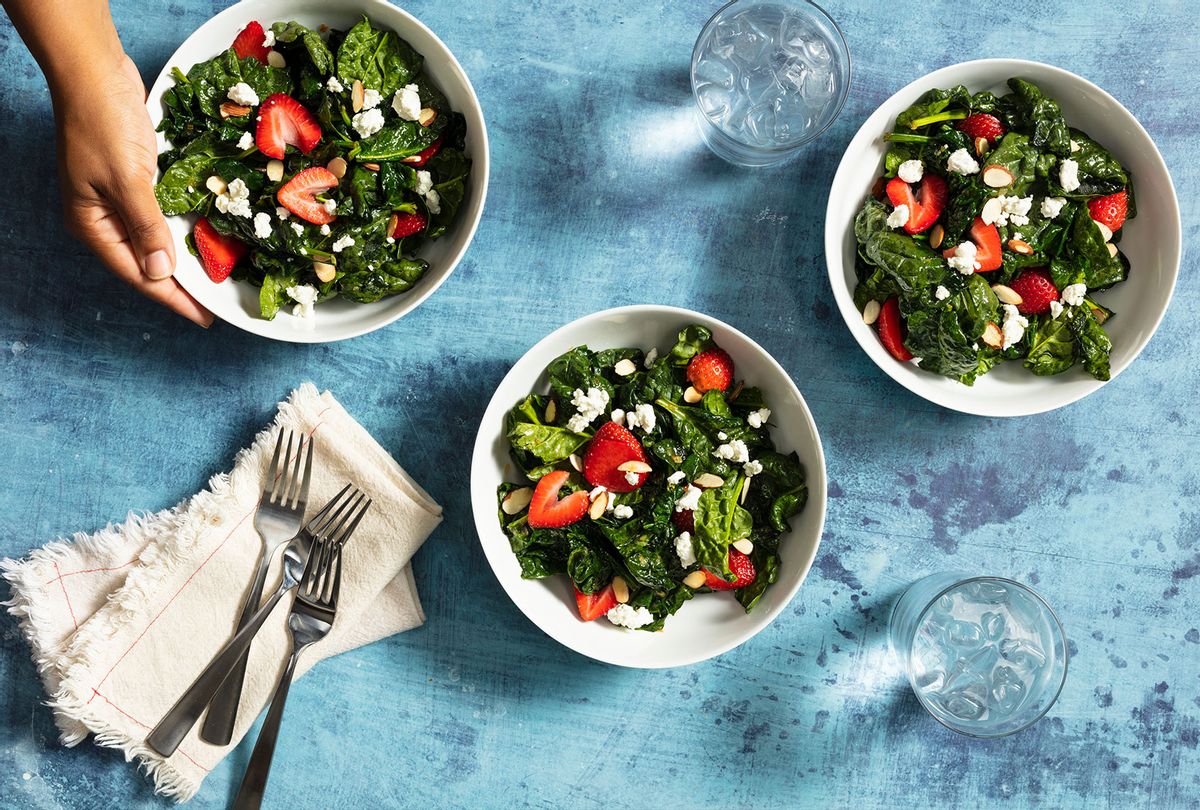 Wilted spinach salad with strawberries, slivered almonds and goat cheese (America's Test Kitchen)