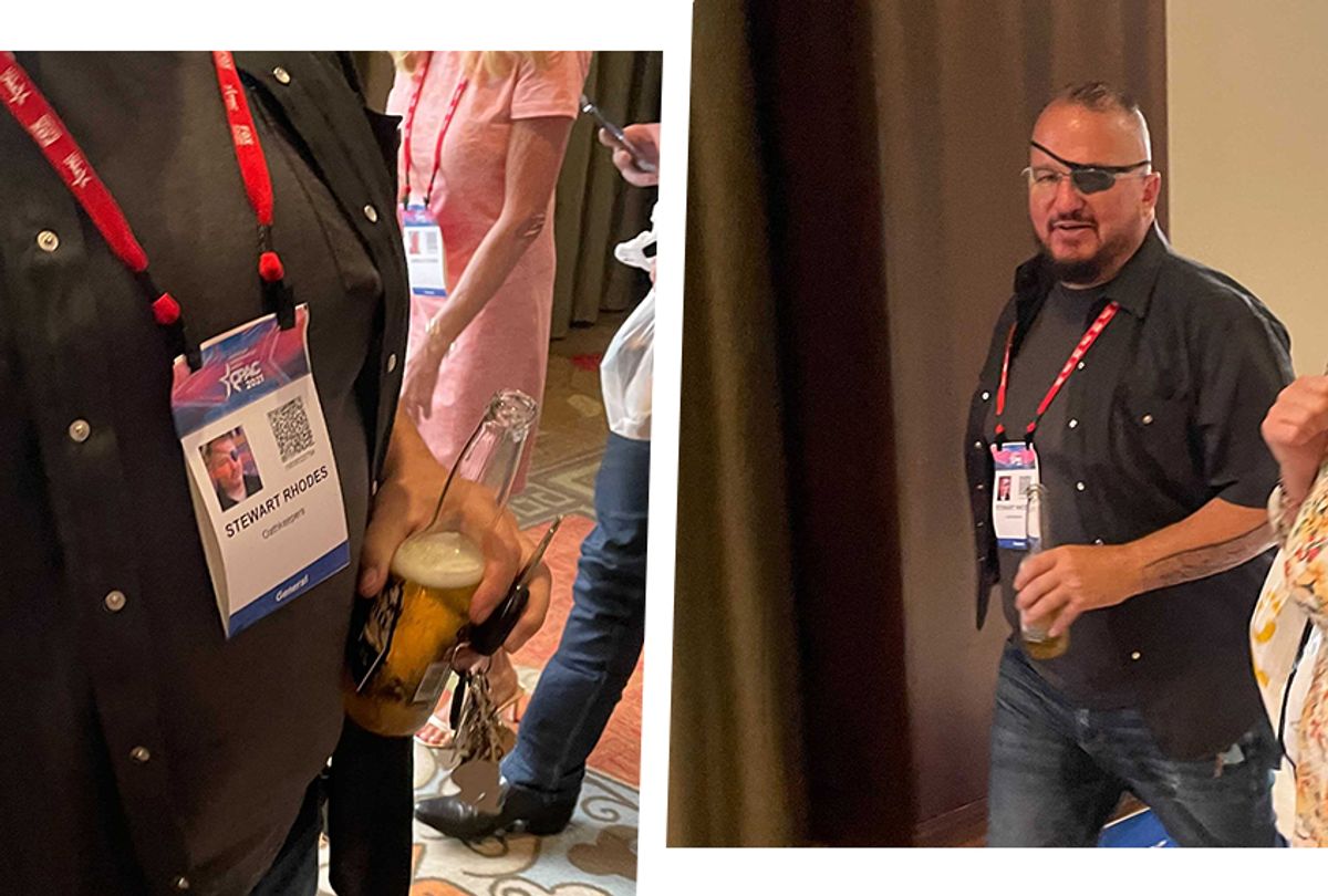 Stewart Rhodes, the founder of the right-wing Oath Keepers militia, was spotted by a Salon reporter at CPAC in Dallas Friday, sporting an official CPAC pass (left).  (Zachary Petrizzo)
