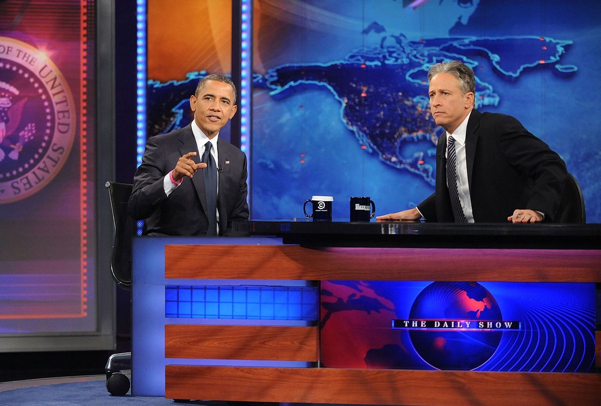 President Barack Obama and Jon Stewart on "The Daily Show" October 18, 2012 (Brad Barket for PictureGroup)