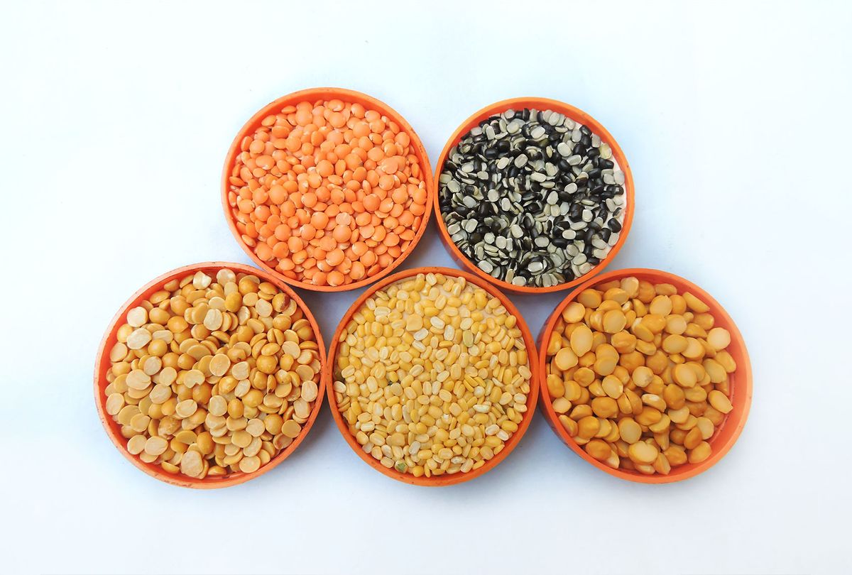 ive types of lentils that are widely consumed in India: mung bean, chickpea lentil, black gram, red masur lentil, and pigeon pea. (Getty Images/Gyan Pratim Raichoudhury)