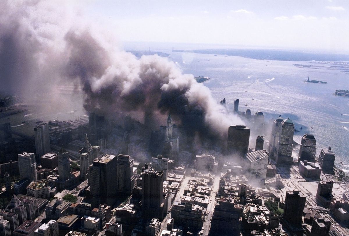 An aerial view of ground zero burning after the September 11 terrorist attacks. (NIST)