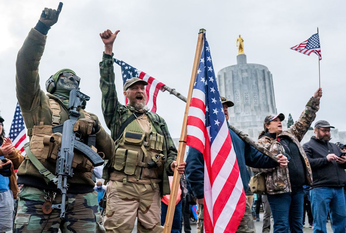 Armed supporters of President Trump chant during a protest on January 6, 2021 in Salem, Oregon. (Nathan Howard/Getty Images)