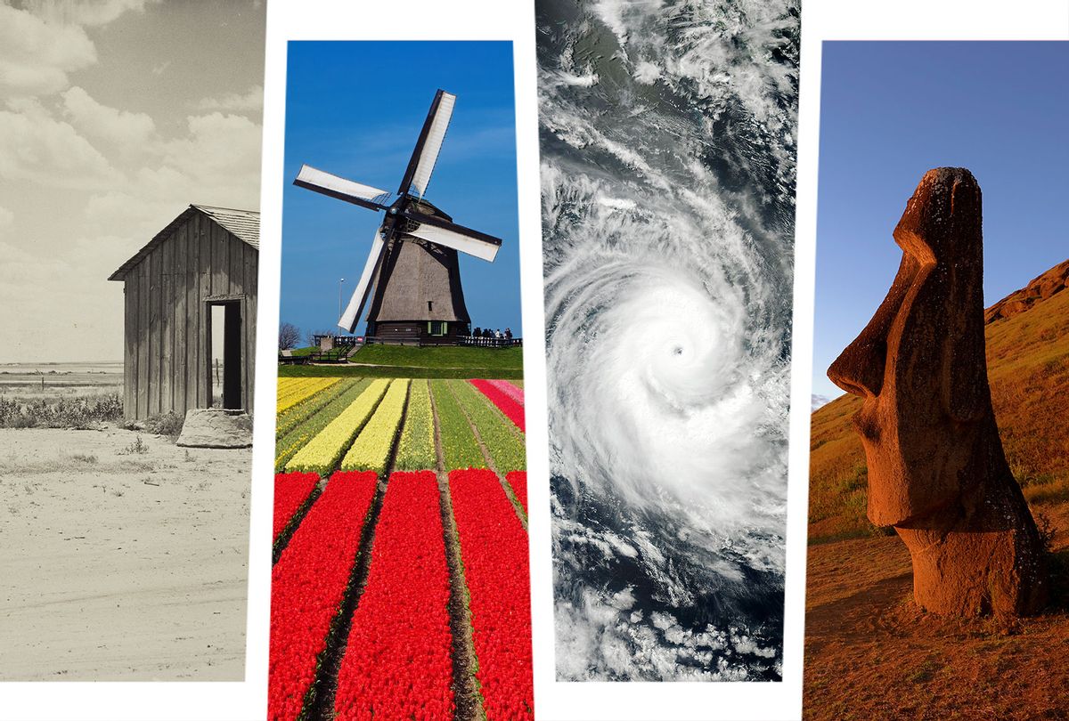 The Dust Bowl, a windmill in the Netherlands, a Hurricane, and an Easter Island head (Photo illustration by Salon/Getty Images/Sepia Times/NASA/Michael Dunning/Adam Jones)