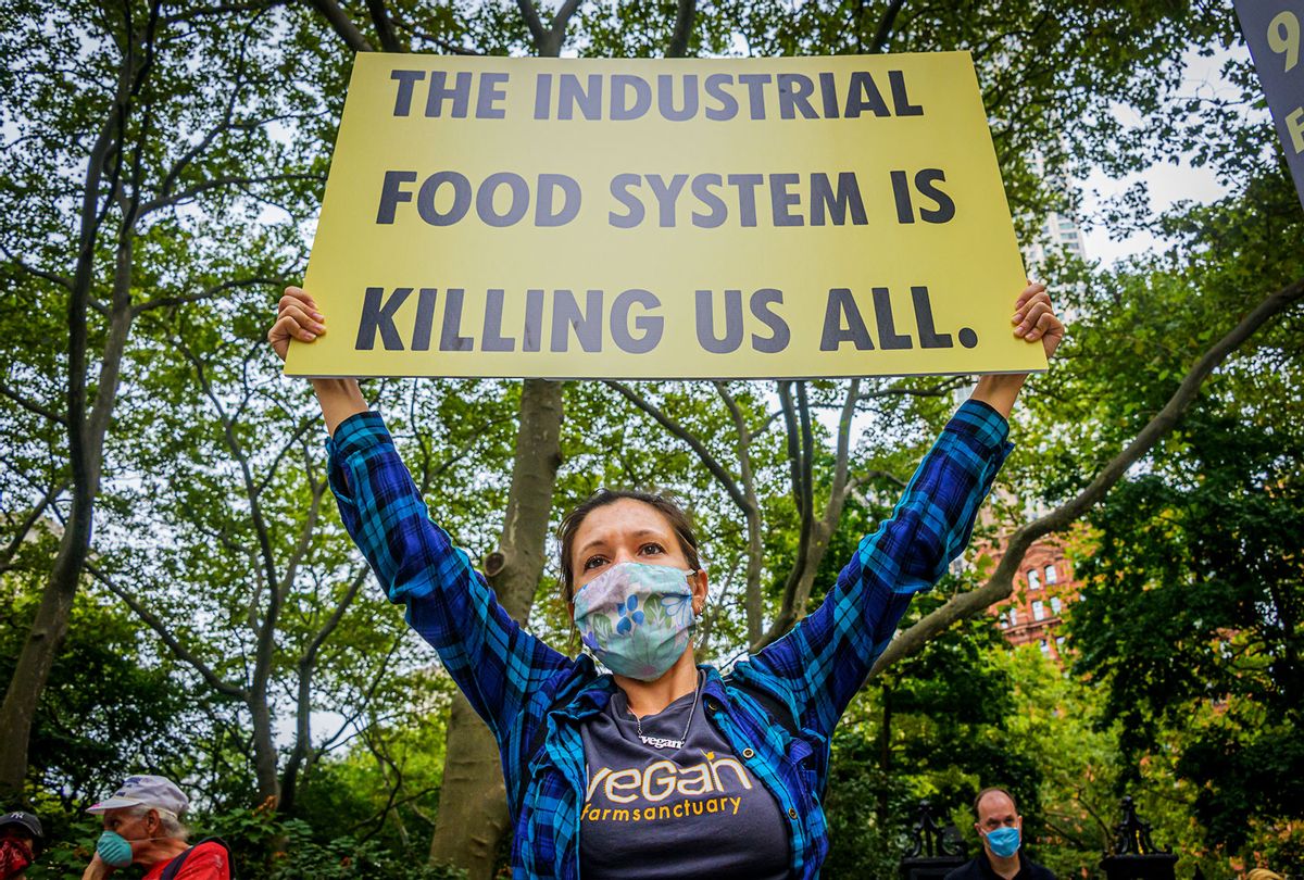 An activists\ from Extinction Rebellion NYC holding a sign at a climate march. (Erik McGregor/LightRocket via Getty Images)
