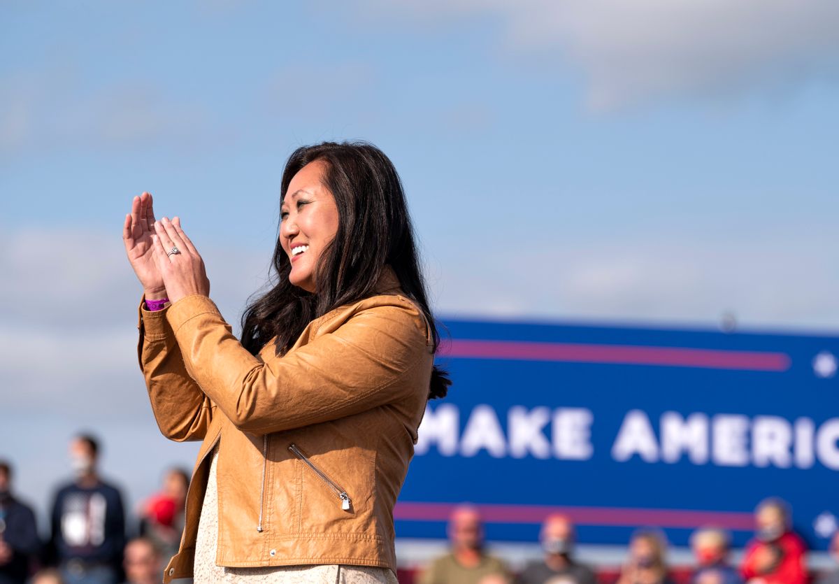 Minnesota Republican Party chair Jennifer Carnahan looks on during the national anthem during a rally for President Donald Trump at the Bemidji Regional Airport on September 18, 2020 in Bemidji, Minnesota. (Getty Images)