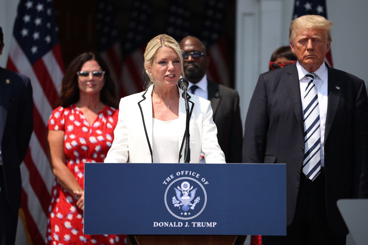Pam Bondi, former Florida Attorney General, speaks during a press conference at the Trump National Golf Club in Bedminster, New Jersey. (Tayfun Coskun/Anadolu Agency via Getty Images)