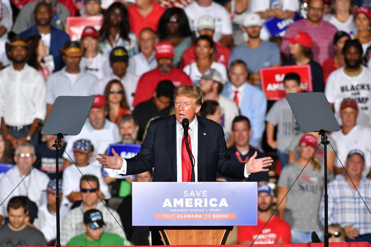 Donald J. Trump delivers remarks at a major rally hosted by the Alabama Republican Party and in conjunction with the Alabama Republican Party's Summer Meeting to support the MAGA agenda. (Peter Zay/Anadolu Agency via Getty Images)