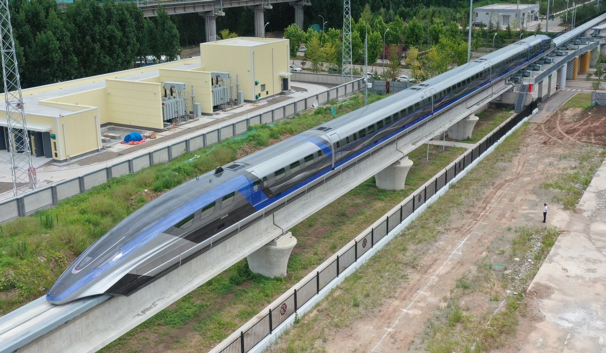 China's 600 km/h high-speed maglev transportation system makes debut on July 20, 2021, in Qingdao, Shandong Province.  (Zhang Jingang/VCG via Getty Images)