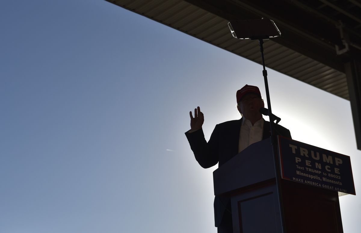 Republican presidential nominee Donald Trump speaks during a rally at the Sun Country Airlines hangar in Minneapolis, Minnesota. (MANDEL NGAN/AFP via Getty Images)