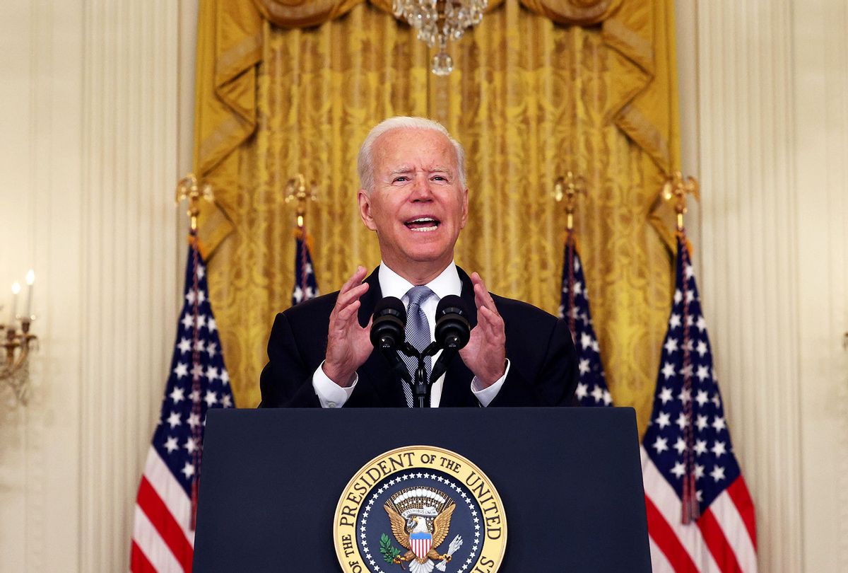 U.S. President Joe Biden gestures as he gives remarks on the worsening crisis in Afghanistan from the East Room of the White House August 16, 2021 in Washington, DC. Biden cut his vacation in Camp David short to address the nation as the Taliban have seized control in Afghanistan two weeks before the U.S. is set to complete its troop withdrawal after a costly two-decade war. (Anna Moneymaker/Getty Images)