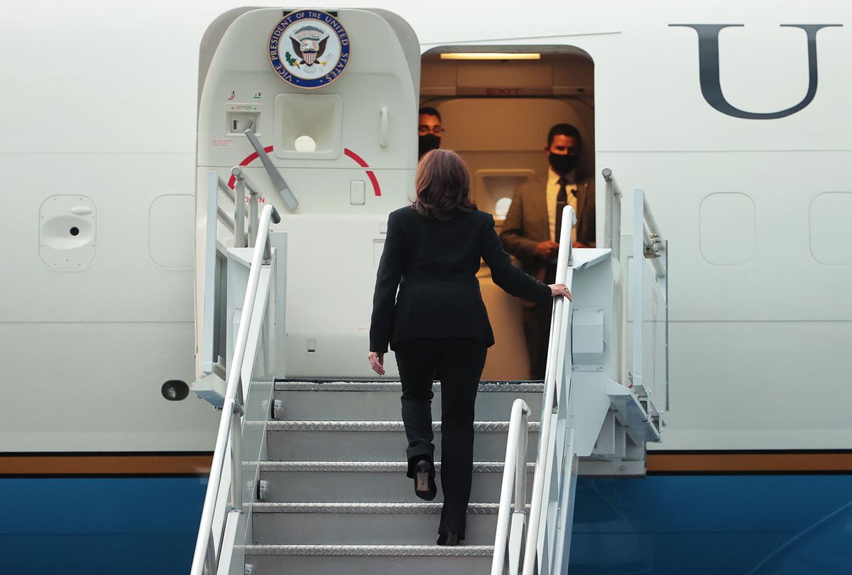 Vice President Kamala Harris board an airplane after an official visit to Mexico at Benito Juarez International Airport on June 08, 2021 in Mexico City, Mexico. The vice president was concluding her first trip abroad in an effort to address migration, declaring the need to assert control over the southern border but taking criticism for the stance at home. (Hector Vivas/Getty Images)