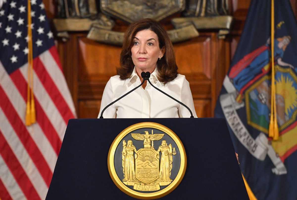New York Governor Kathy Hochul speaks to the media during her swearing in ceremony at the New York State Capitol in Albany, New York on August 24, 2021. - New York Governor Andrew Cuomo handed over the reins of the nation's fourth most populous state to Lieutenant Governor Kathy Hochul, a fellow Democrat who will become New York's first ever female governor. (ANGELA WEISS/AFP via Getty Images)