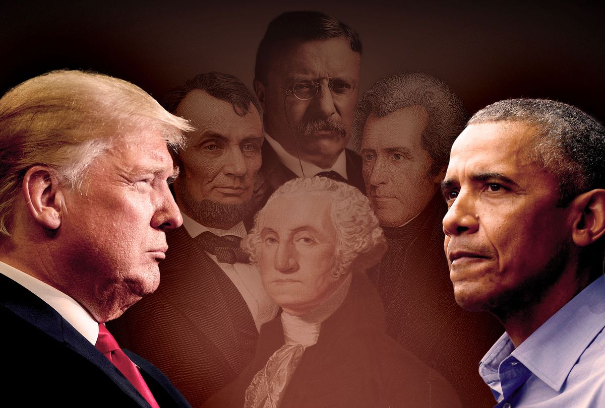 Former Presidents Donald Trump and Barack Obama, with George Washington, Andrew Jackson, Abraham Lincoln and Teddy Roosevelt haunting in the back. (Photo illustration by Salon/Getty Images)