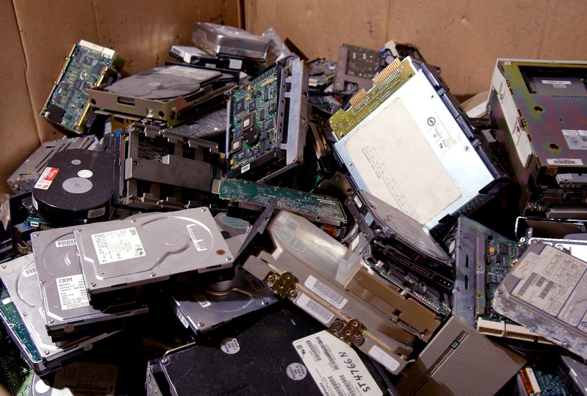 Old computer hard drives await shipment for metal recovery at a recycling facility. (David Friedman/Getty Images)