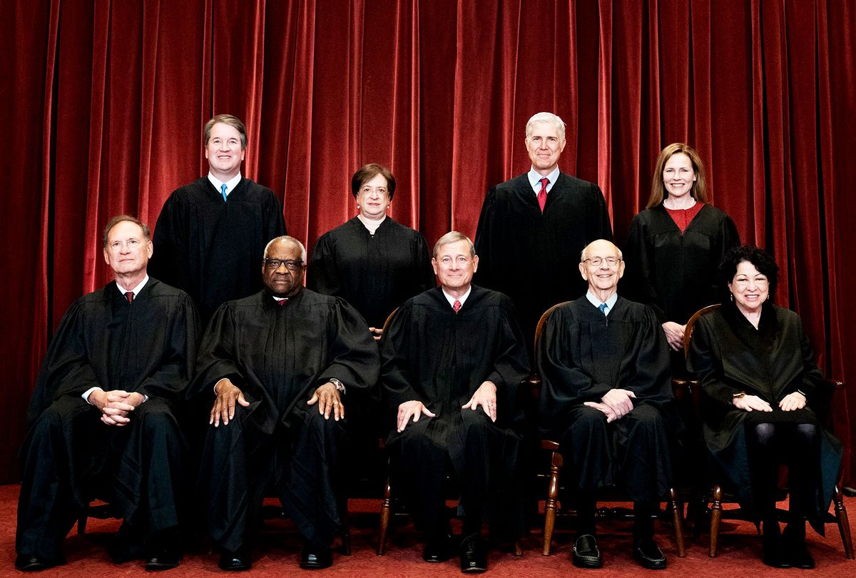 Members of the Supreme Court pose for a group photo at the Supreme Court in Washington, DC on April 23, 2021. Seated from left: Associate Justice Samuel Alito, Associate Justice Clarence Thomas, Chief Justice John Roberts, Associate Justice Stephen Breyer and Associate Justice Sonia Sotomayor, Standing from left: Associate Justice Brett Kavanaugh, Associate Justice Elena Kagan, Associate Justice Neil Gorsuch and Associate Justice Amy Coney Barrett. (Erin Schaff-Pool/Getty Images)