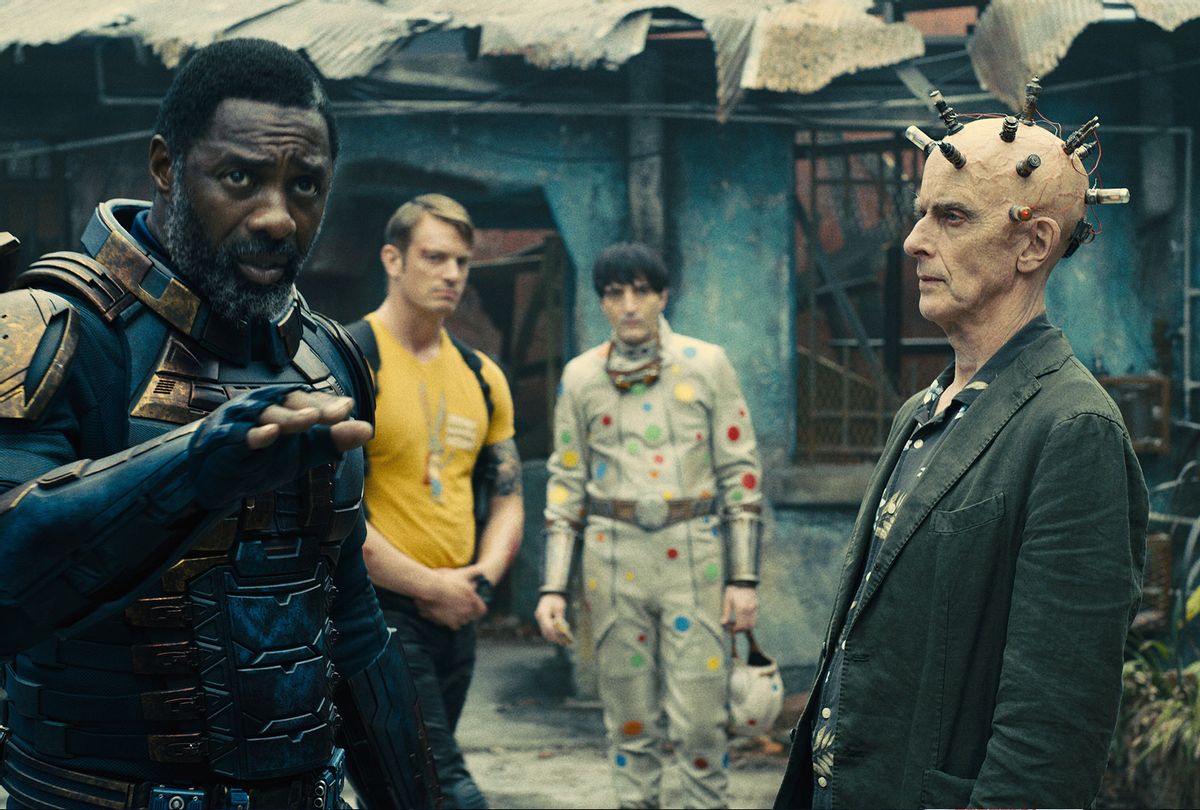 IDRIS ELBA as Bloodsport, JOEL KINNAMAN as Colonel Rich Flag, DAVID DASTMALCHIAN as Polka-Dot Man and PETER CAPALDI as Thinker in the superhero action adventure “THE SUICIDE SQUAD” (Warner Bros. Pictures)