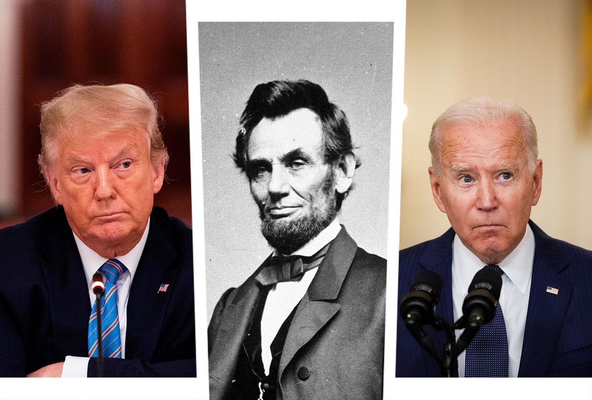 Donald Trump, Abraham Lincoln and Joe Biden (Photo illustration by Salon/Getty Images/Drew Angerer/Jim Watson/Hulton Archive)