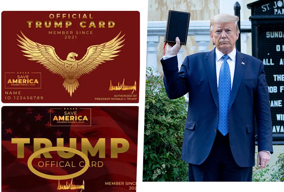 "Membership" card designs created by former President Donald Trump's Save America PAC.
 (Photo illustration by Salon via Save America PAC/Getty Images)