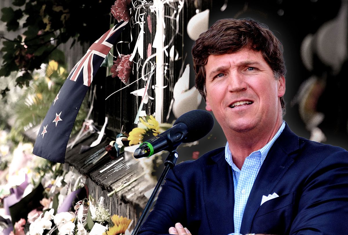 Tucker Carlson | The New Zealand flag is seen on the wall at the Botanic Gardens on March 18, 2019 in Christchurch, New Zealand. 50 people are confirmed dead, with with 36 injured still in hospital following shooting attacks on two mosques in Christchurch on Friday, 15 March. (Photo illustration by Salon/Getty Images)