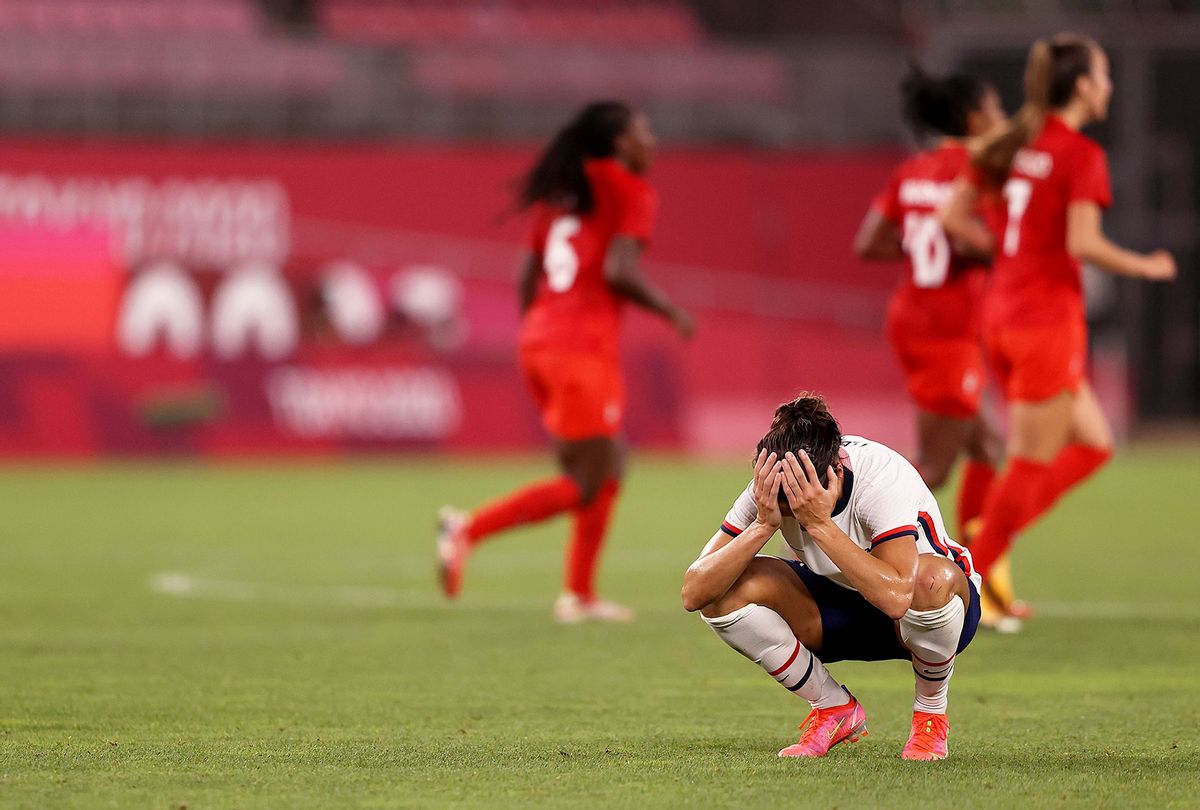 Carli Lloyd #10 of Team United States looks dejected following defeat in the Women's Semi-Final match between USA and Canada on day ten of the Tokyo Olympic Games at Kashima Stadium on August 02, 2021 in Kashima, Ibaraki, Japan. (Francois Nel/Getty Images)