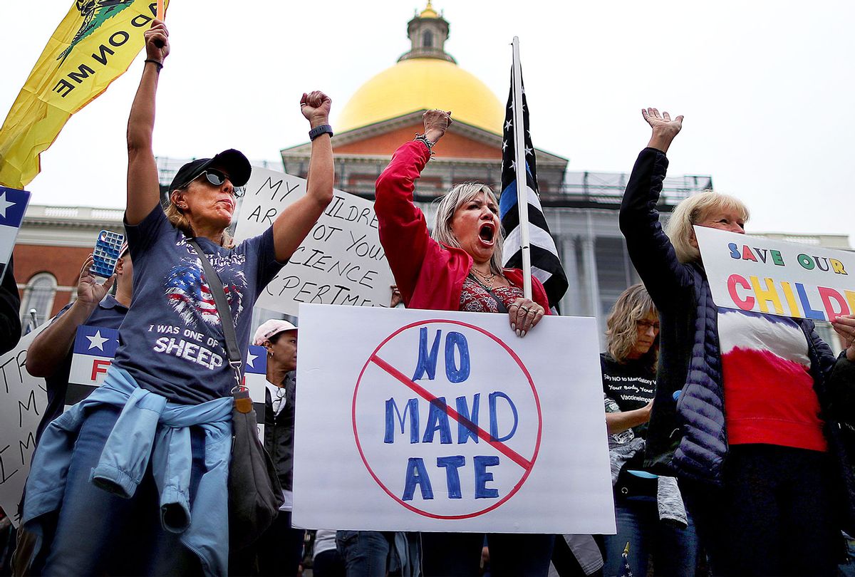 A Mass Patriots for Freedom Rally was held on Beacon Street in front of the State House in Boston, with hundreds protesting against mandatory COVID-19 vaccines on September 17, 2021. (John Tlumacki/The Boston Globe via Getty Images)