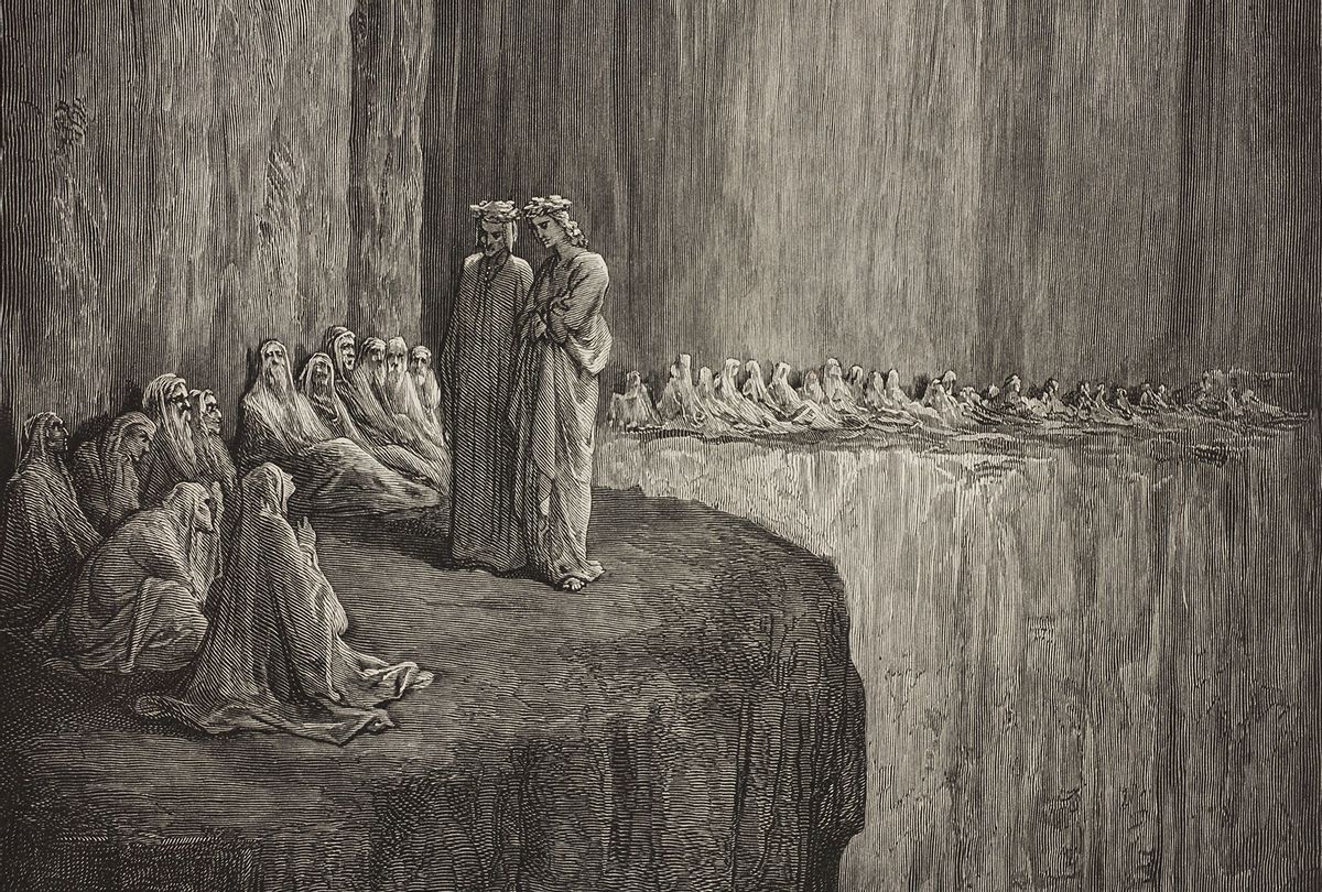 Dante and Virgil meet Sapia amongst the envious, Second Terrace of Purgatory, engraving by Gustave Dore in the 1869 edition of Dante's "Divine Comedy" (Getty Images/DEA/BIBLIOTECA AMBROSIANA)