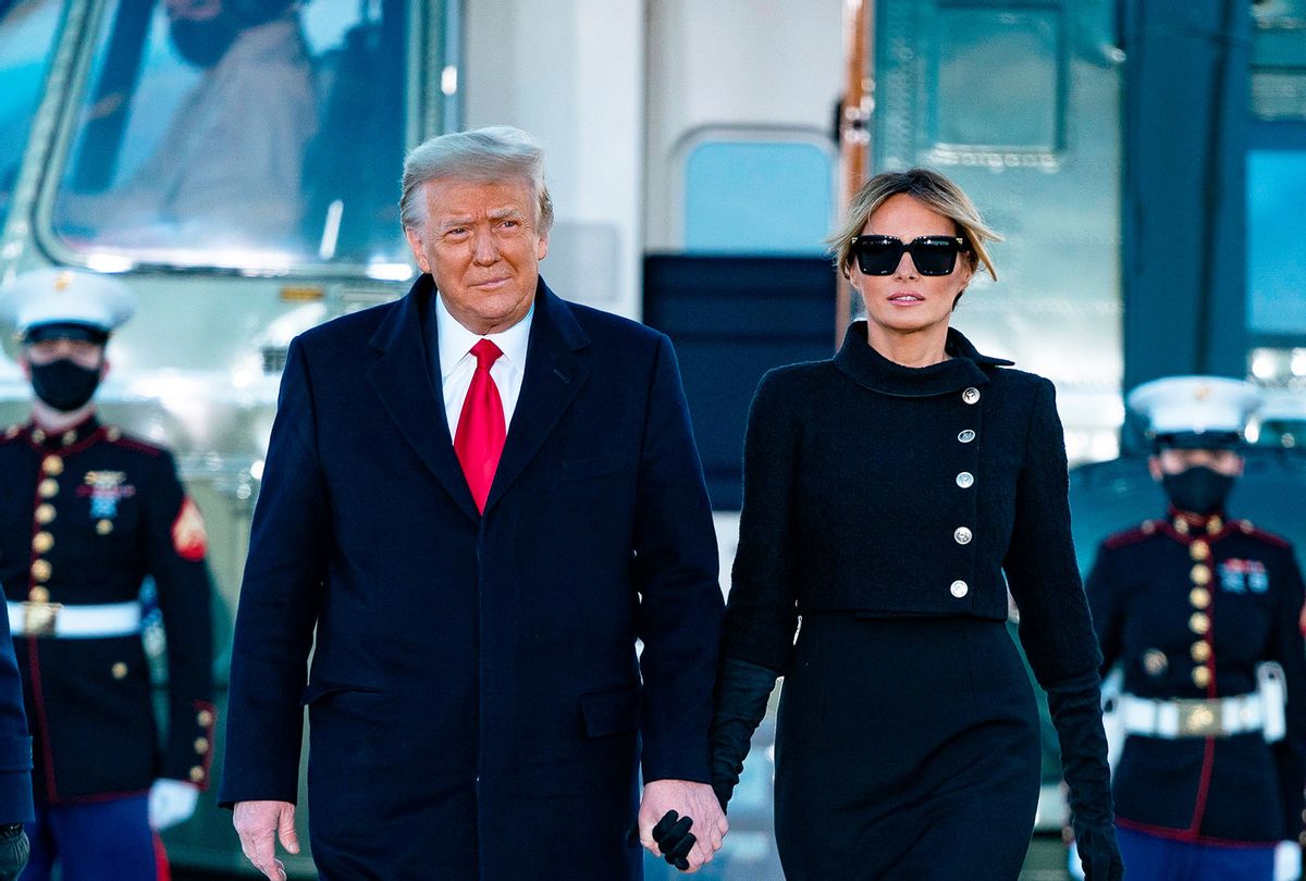 Donald Trump and Melania Trump step out of Marine One at Joint Base Andrews in Maryland on January 20, 2021.  (ALEX EDELMAN/AFP via Getty Images)