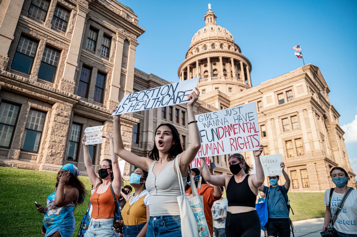 Pro-choice protesters march outside the Texas State Capitol on Wednesday, Sept. 1, 2021, in Austin. (Sergio Flores for the Washington Post via Getty Images)