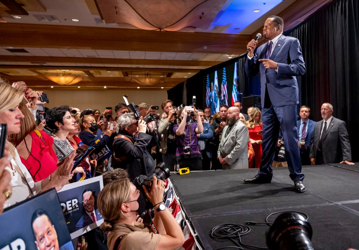 Larry Elder speaks to his supporters after conceding that the recall election was defeated during an election night event at the Hilton Orange County in Costa Mesa on Tuesday,September 14, 2021. (Leonard Ortiz/MediaNews Group/Orange County Register via Getty Images)