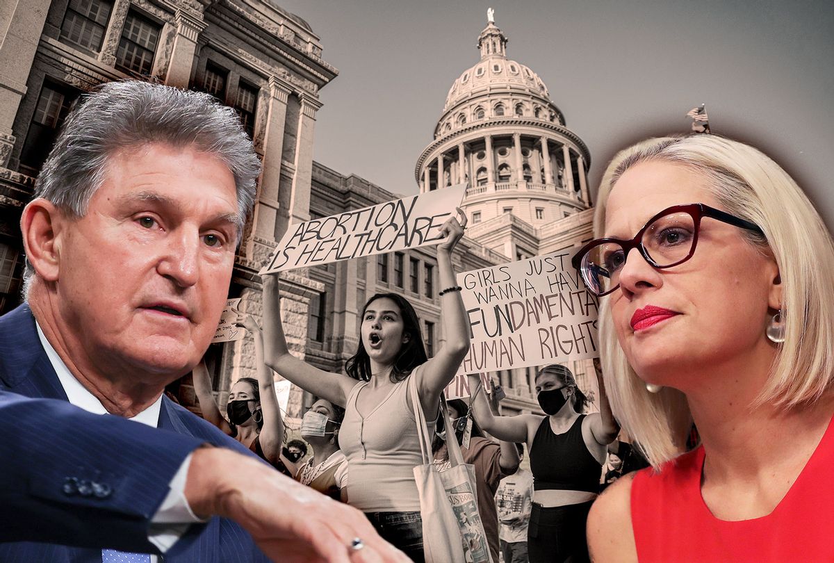 Joe Manchin and Kyrsten Sinema | Pro-choice protesters march outside the Texas State Capitol on Wednesday, Sept. 1, 2021 in Austin, TX.  (Photo illustration by Salon/Getty Images)
