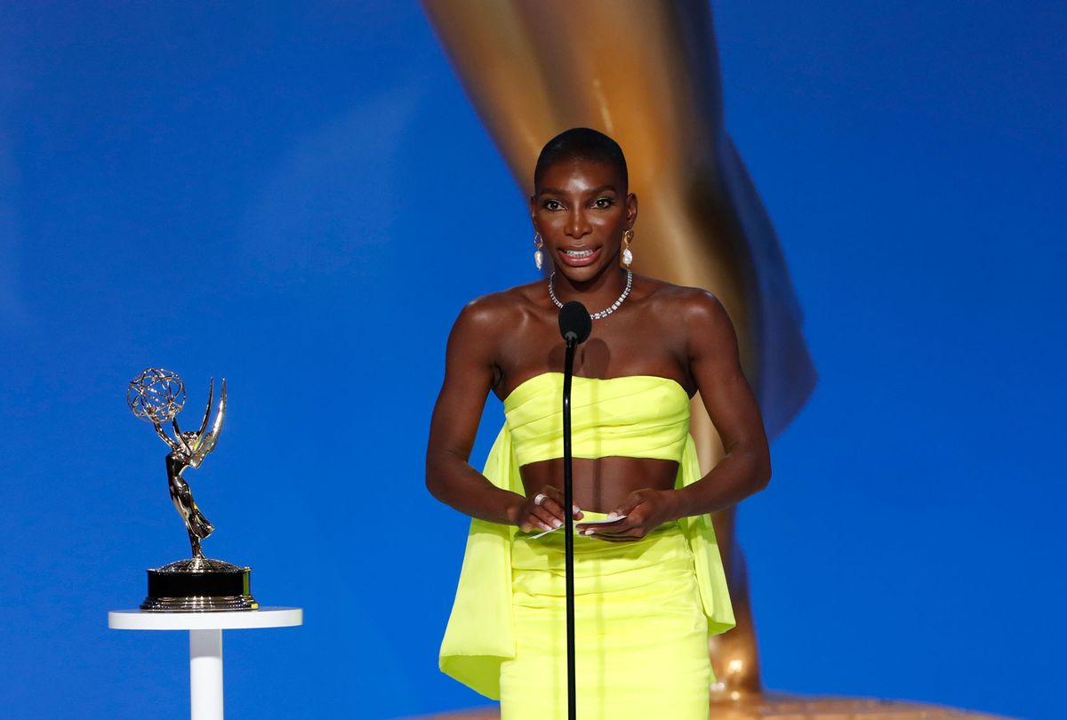 Michaela Coel accepting for writing "I May Destroy You" at the Emmys 2021 (Cliff Lipson/CBS)