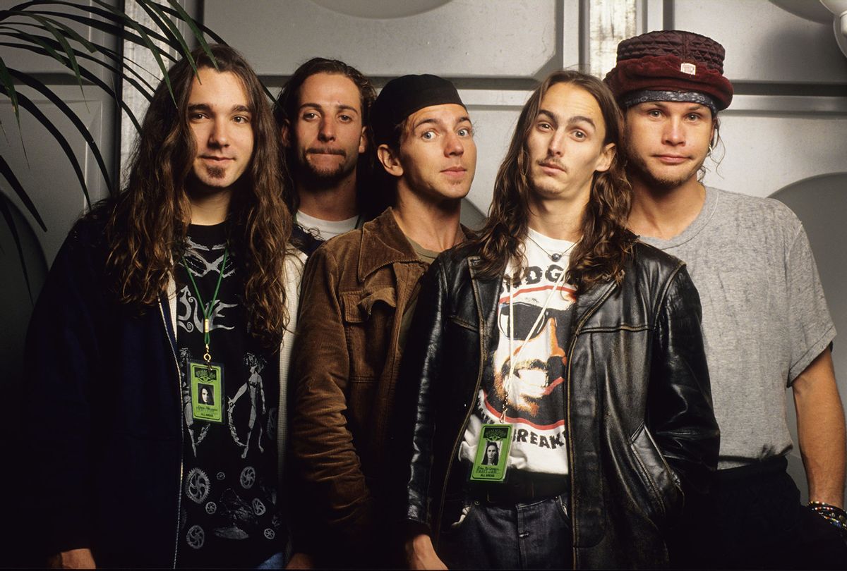 Pearl Jam band members Dave Abbruzzes, Stone Gossard, Eddie Vedder, Mike McCready,  and Jeff Ament at Pinkpop Festival in Landgraaf, Holland, August 1992. (Gie Knaeps/Getty Images)