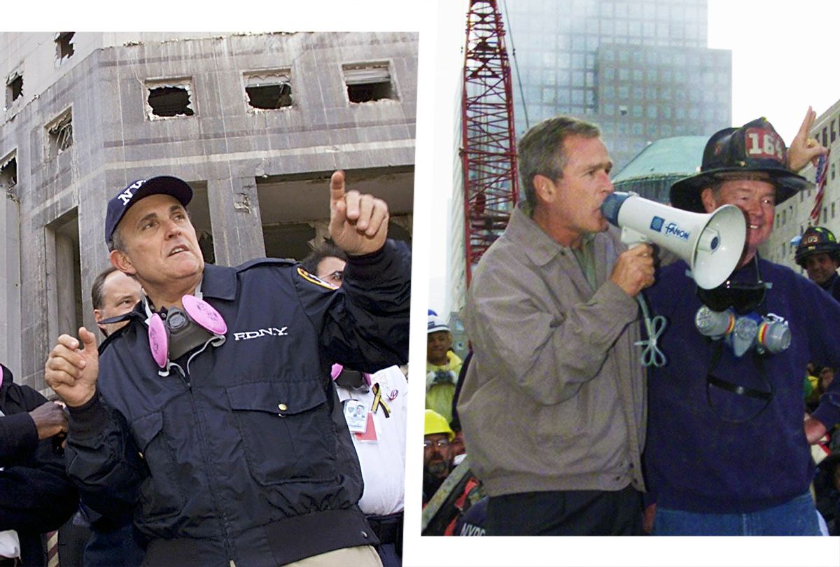New York Mayor Rudolph Giuliani gives a tour of the World Trade Center attack site on 18 September, 2001, in New York. | George W. Bush speaks through a megaphone beside retired firefighter Bob Beckwith, 69, to firemen and other workers 14 September 2001 at the site of the destroyed World Trade Center. (Photo illustration by Salon/Getty Images/PAUL J. RICHARDS/TIMOTHY A. CLARY)