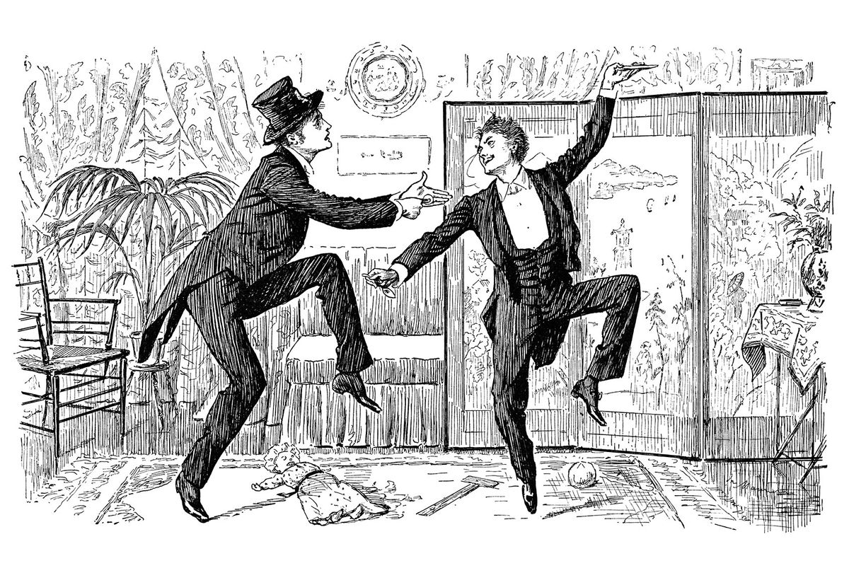 Illustration of two Victorian gentlemen dancing a jig (Whitemay/Getty Stock Images)