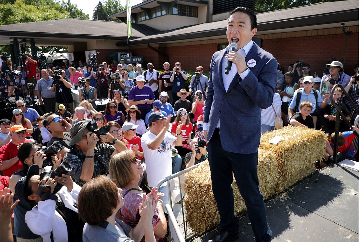 Andrew Yang delivers a 20-minute campaign speech at the Des Moines Register Political Soapbox at the Iowa State Fair August 09, 2019 in Des Moines, Iowa. (Chip Somodevilla/Getty Images)