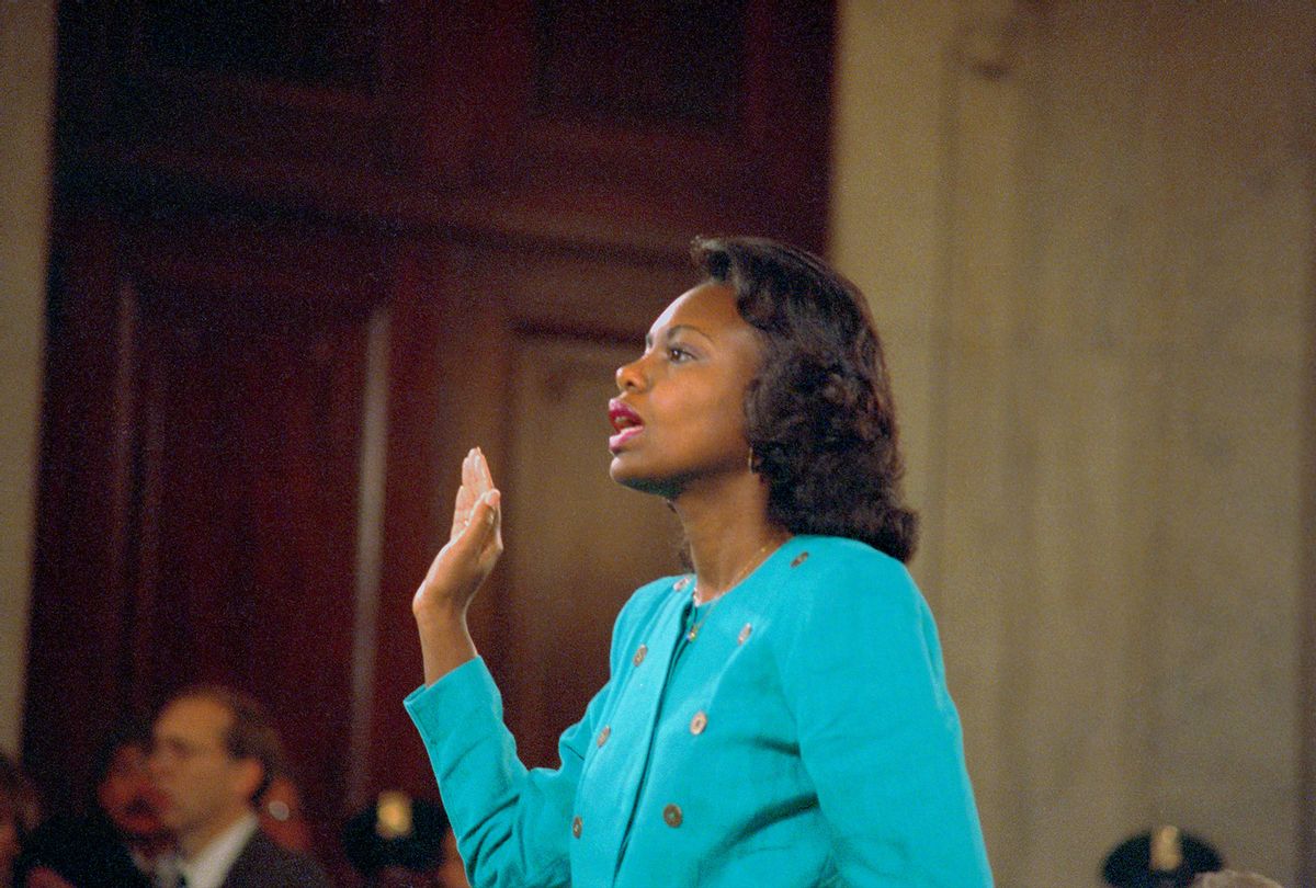 Professor Anita Hill is sworn in before testifying at the Senate Judiciary hearing on the Clarence Thomas Supreme Court nomination (Bettman/Getty Images)
