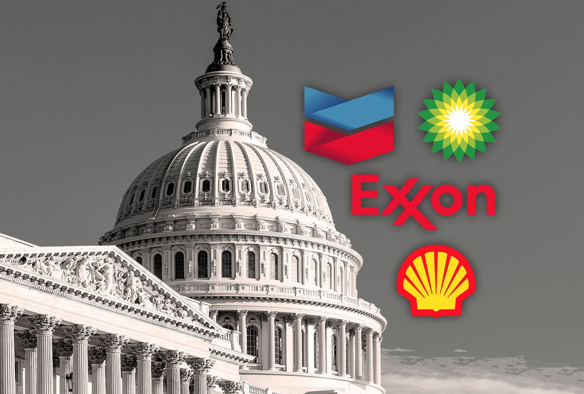 Capitol Hill, and logos of Chevron, BP, Exxon and Shell oil companies (Photo illustration by Salon/Getty Images)