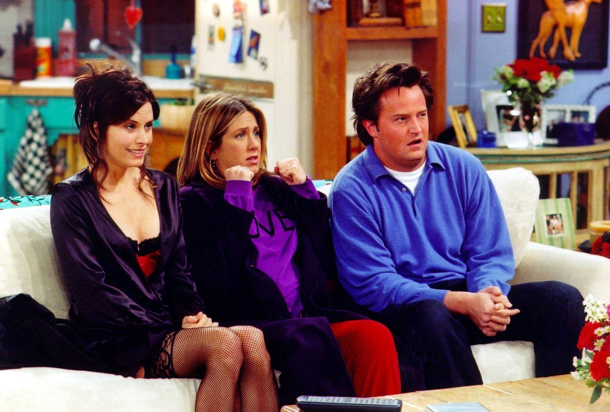 Actors Courteney Cox Arquette (L), Jennifer Aniston (C) and Matthew Perry are shown in a scene from the NBC series "Friends". (Warner Bros. Television/Getty Images)