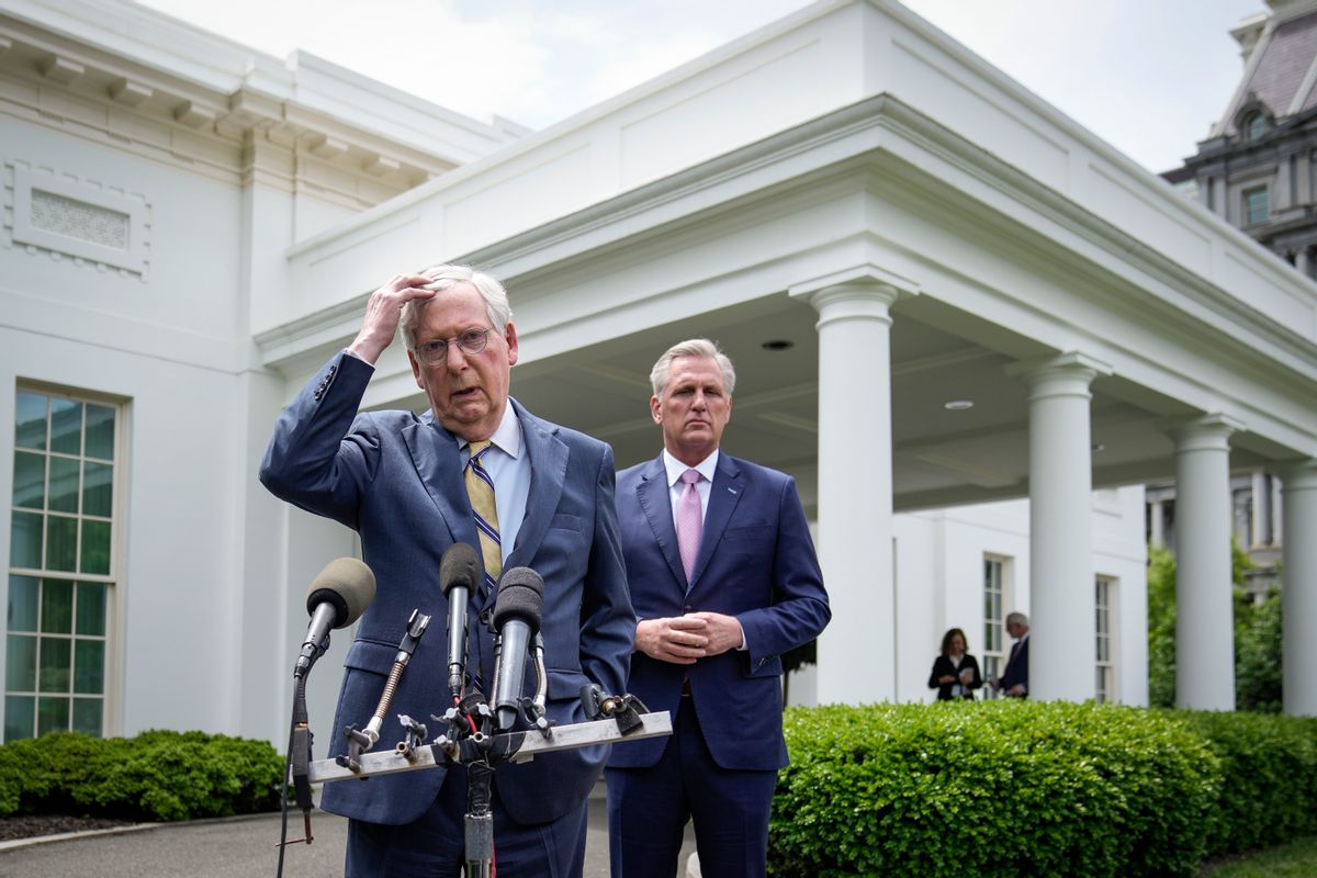 Senate Minority Leader Mitch McConnell (R-KY) and House Minority Leader Kevin McCarthy (R-CA) address reporters outside the White House after their Oval Office meeting with President Joe Biden on May 12, 2021. (Drew Angerer/Getty Images)
