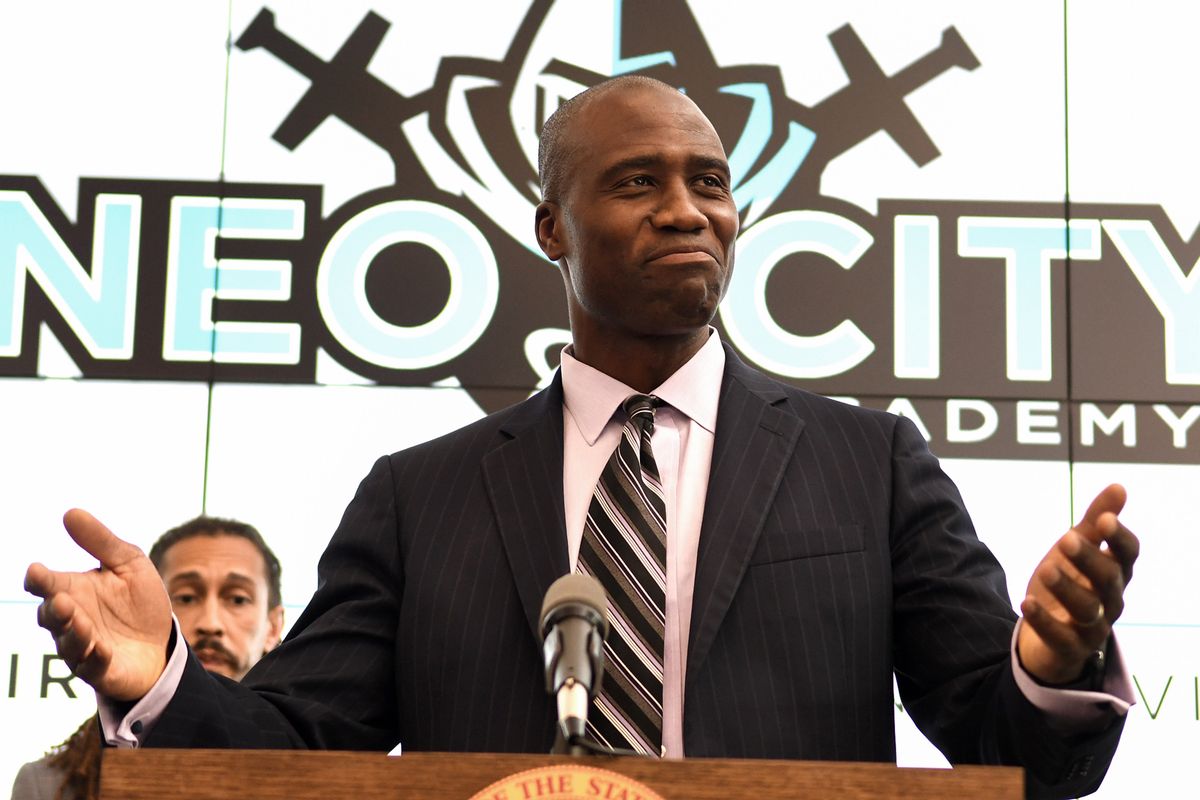 Newly appointed state Surgeon General Dr. Joseph Ladapo speaks during a press conference at Neo City Academy in Kissimmee, Florida.  (Paul Hennessy/SOPA Images/LightRocket via Getty Images)