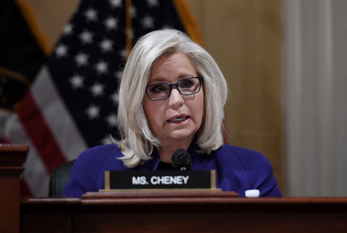 Rep. Liz Cheney [R-WY] speaks as the US congressional committee investigating the January 6 attack at the Capitol, at the Cannon Office Building on October 19, 2021 in Washington, D.C. (OLIVIER DOULIERY/AFP via Getty Images)