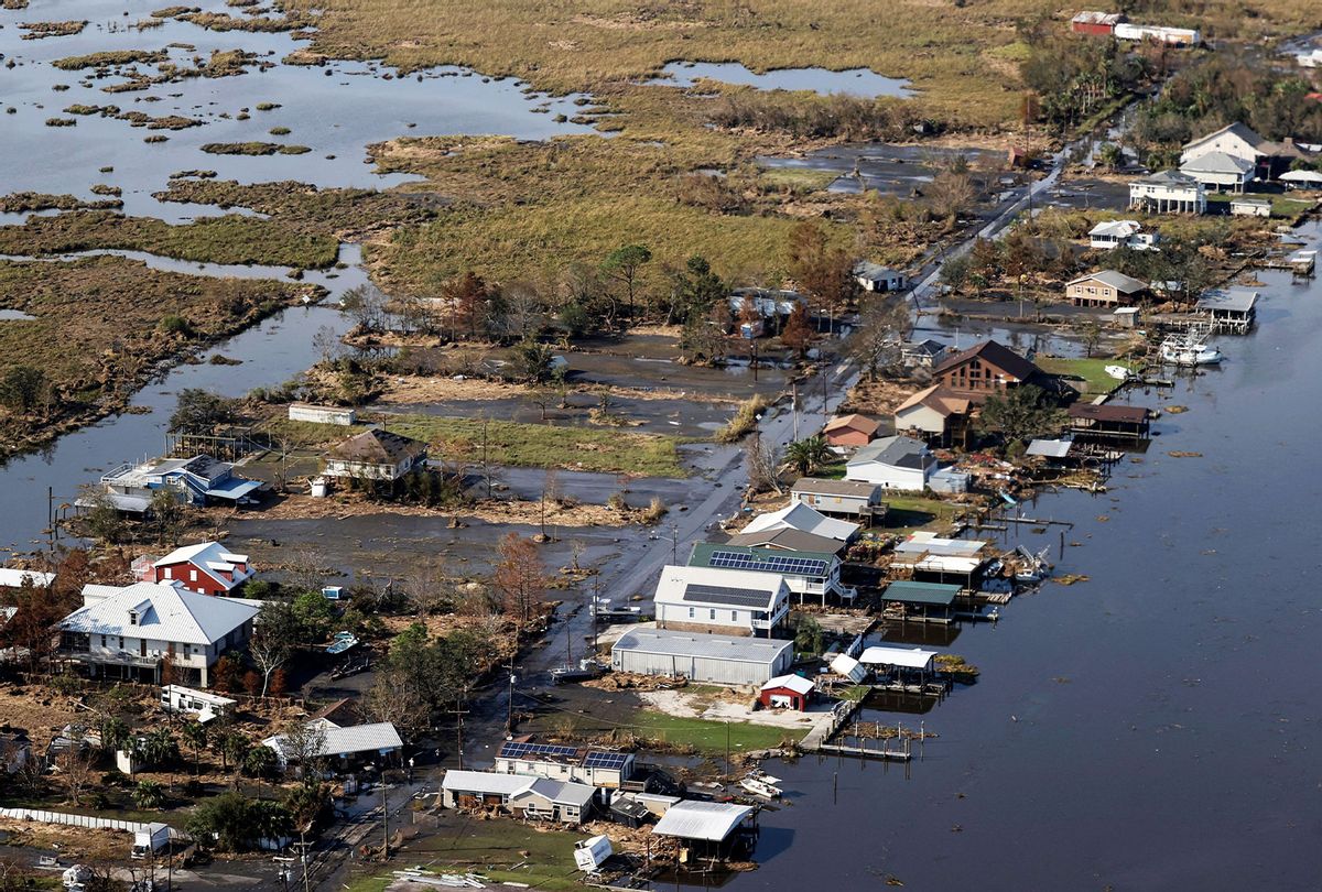 A view of flood damaged buildings are seen as US President Joe Biden (not pictured) inspects the damage from Hurricane Ida onboard Marine One during an aerial tour of communities in Laffite, Grand Isle, Port Fourchon and Lafourche Parish, Louisiana, September 3, 2021. (JONATHAN ERNST/POOL/AFP via Getty Images)