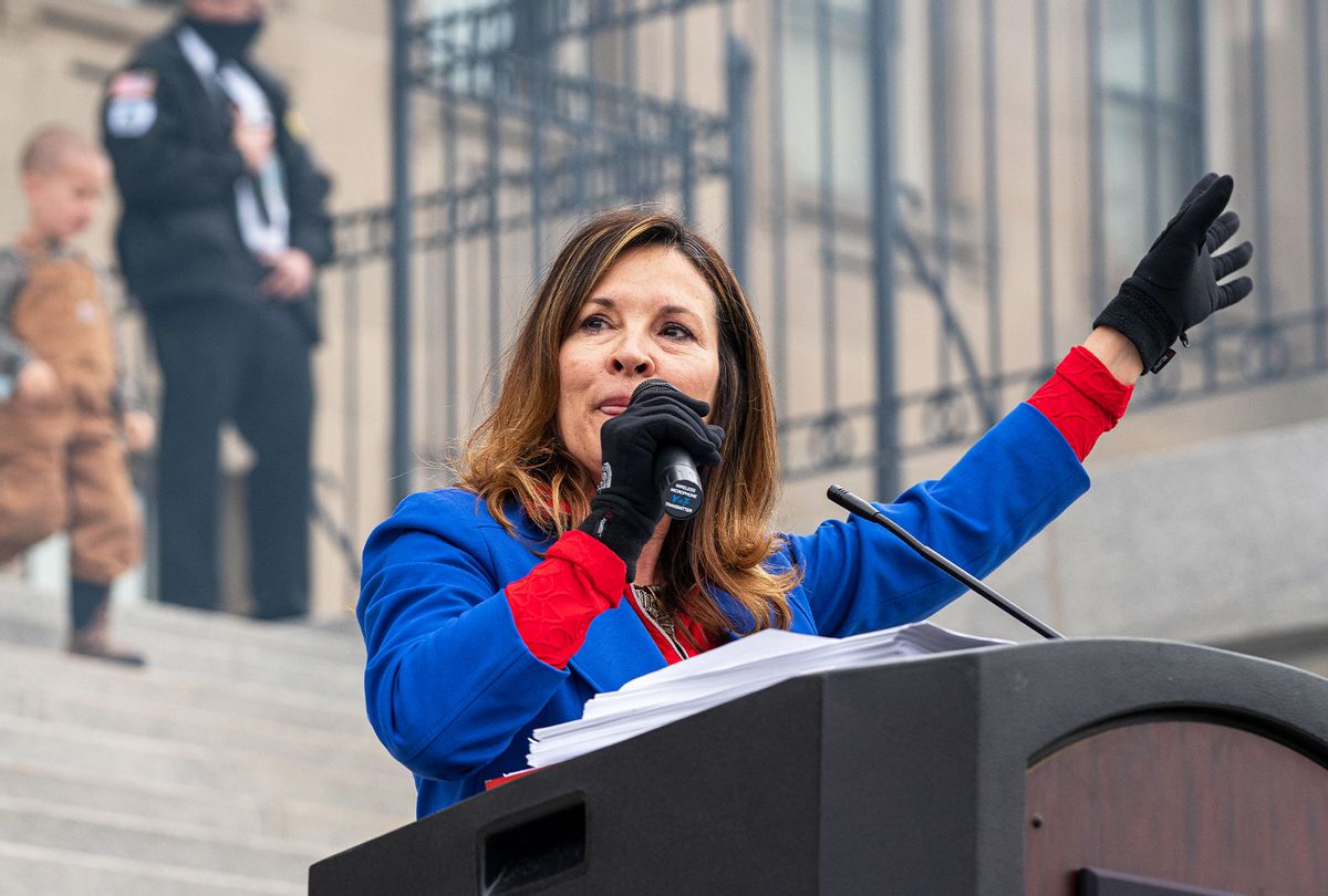 Idaho Lieutenant Governor Janice McGeachin speaks during a mask burning event at the Idaho Statehouse on March 6, 2021 in Boise, Idaho. (Nathan Howard/Getty Images)