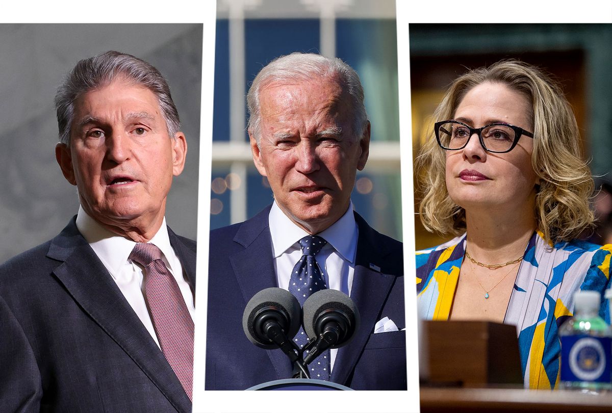 Joe Manchin, Joe Biden and Kyrsten Sinema (Photo illustration by Salon/Getty Images)