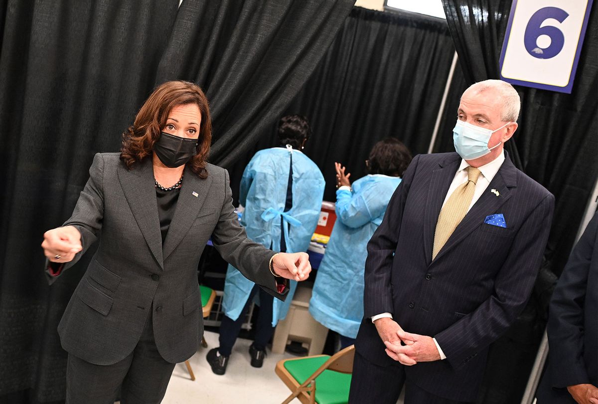 US Vice President Kamala Harris, with New Jersey Governor Phil Murphy, tours a Covid-19 vaccination site at Essex County College, in Newark, New Jersey, on October 8, 2021. (MANDEL NGAN/AFP via Getty Images)