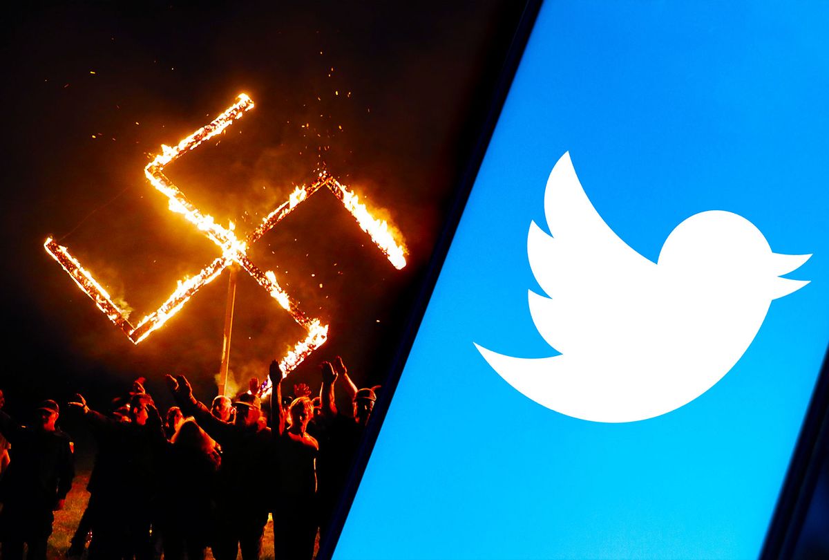 Members of the National Socialist Movement, one of the largest neo-Nazi groups in the US, hold a swastika burning after a rally on April 21, 2018 in Draketown, Georgia. | Twitter logo seen displayed on a smartphone (Photo illustration by Salon/Getty Images)